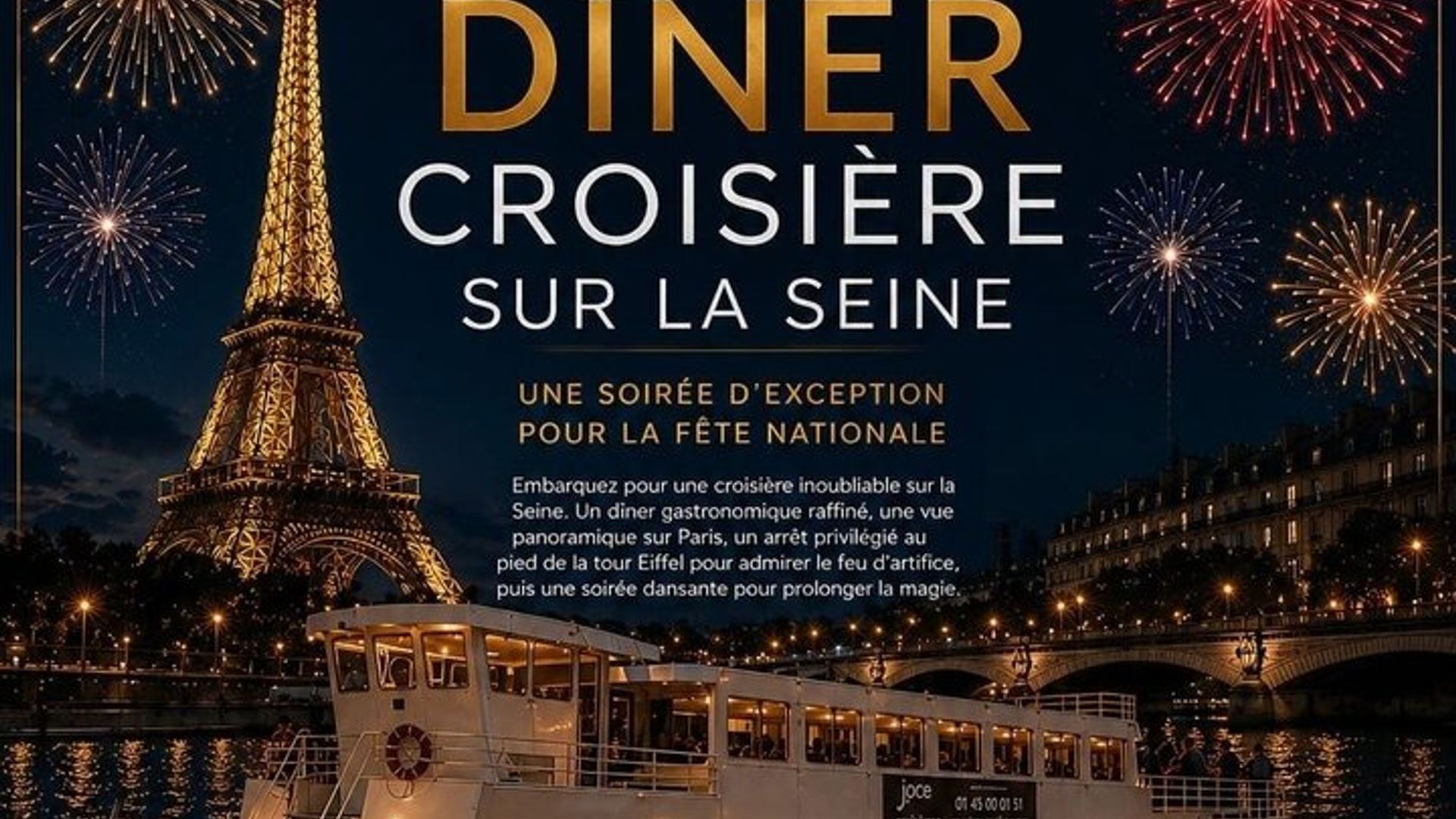 Dinner cruise, Eiffel Tower fireworks and live music
