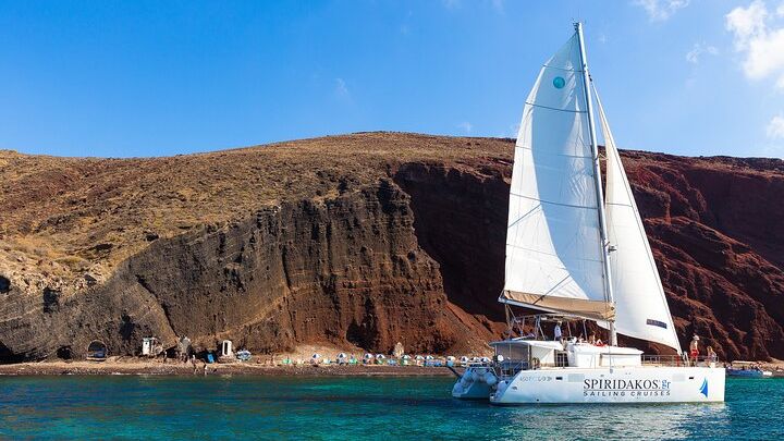 Santorini Catamaran Cruise with Meal, Wine, and Transfers