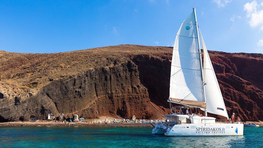 Santorini Catamaran Cruise with Meal, Wine, and Transfers
