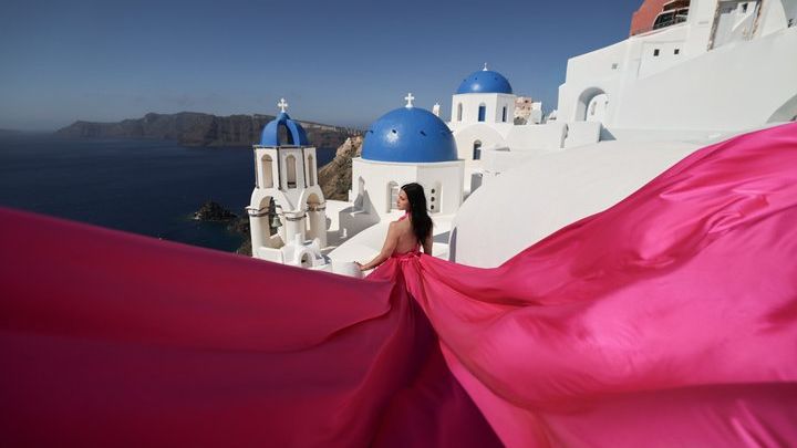 Santorini Flying Dress Photoshoot in Oia & Caldera Dress Included