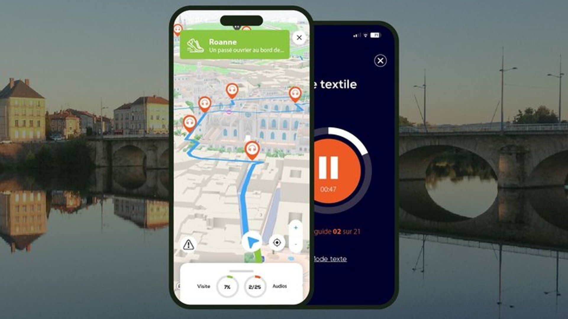 Roanne: 1h15 audio guided walking tour and 20 audio commentaries
